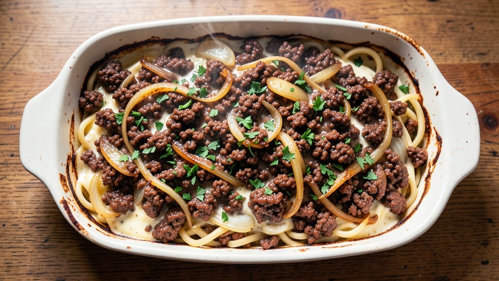 Beef and Egg Noodle Casserole Recipe: Savory Breakfast Bake With Crispy Breadcrumbs