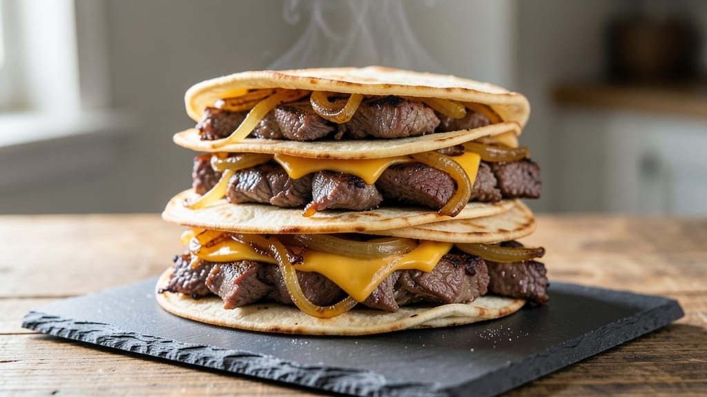 Beef and Onion Sandwich Recipe: Crispy Tortilla Layers With Melty Cheese Rivers