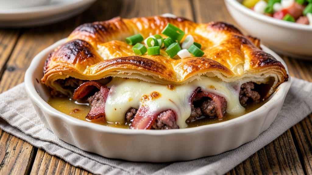 Beef Bacon and Cheese Pie Recipe: Flaky Crust Encrusts Savory Layers
