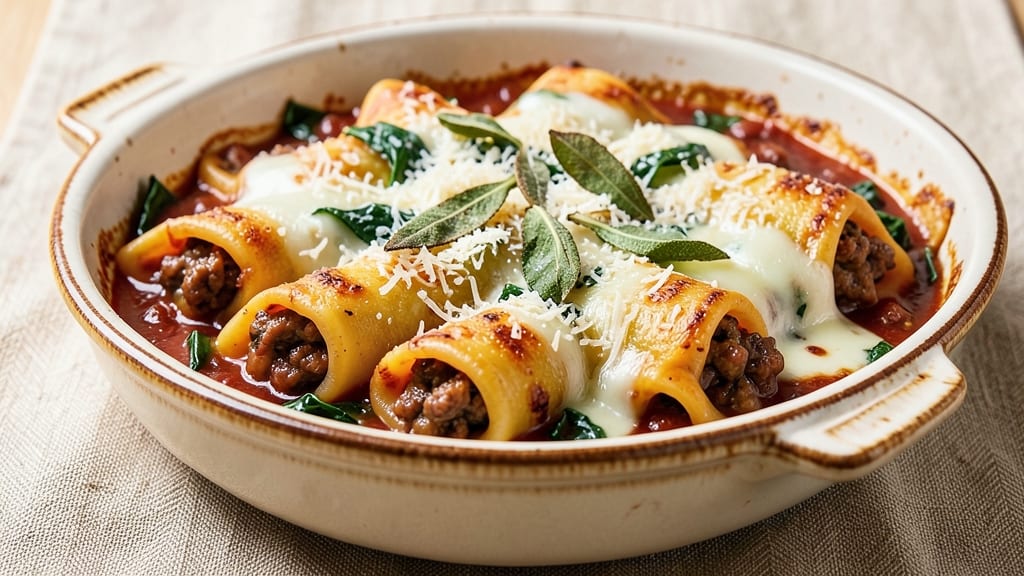 Beef and Spinach Manicotti Recipe: Cheesy Stuffed Pasta With Silky Tomato Sauce