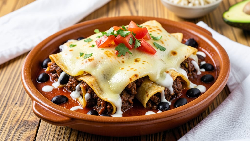 Beef and Black Bean Enchiladas Recipe: Spiced Tortilla Layers With Melted Cheese Rivers