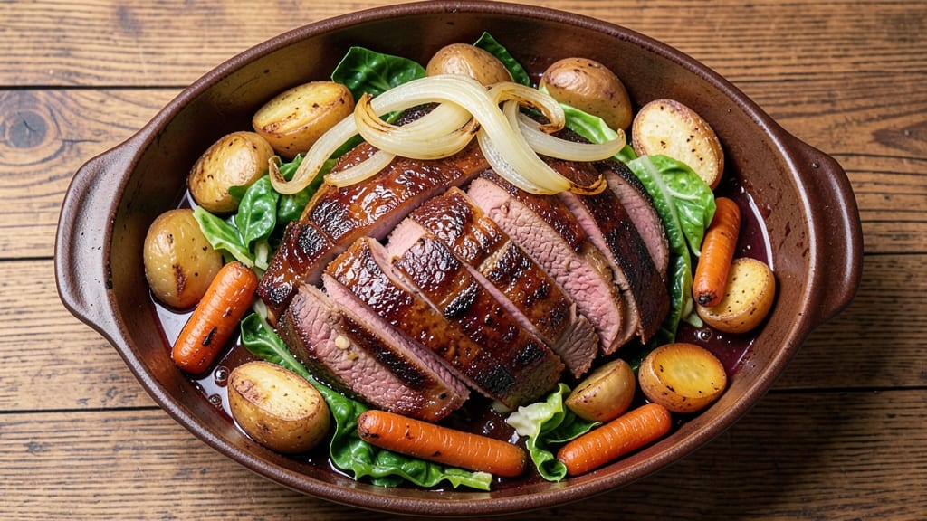 Baked Corned Beef Brisket and Cabbage Recipe: Slow-Braised Spice and Crispy Potato Topping