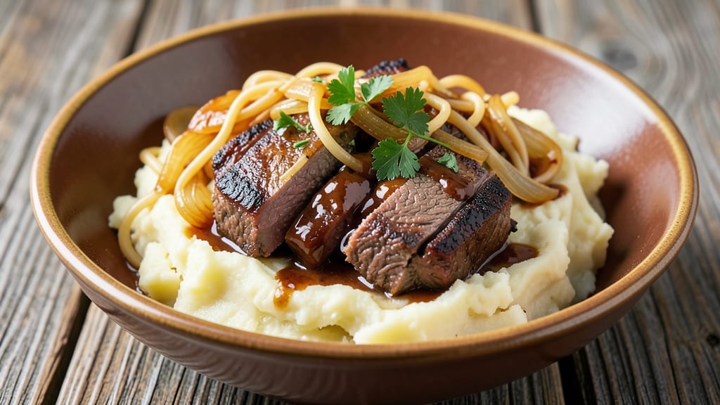 Beef and Noodles Over Mashed Potatoes Recipe: Hearty One-Pan Dinner With Savory Beef Bites