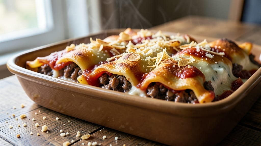 Beef and Cheese Manicotti Recipe: Baked Pasta Layers With Gooey Ricotta Filling