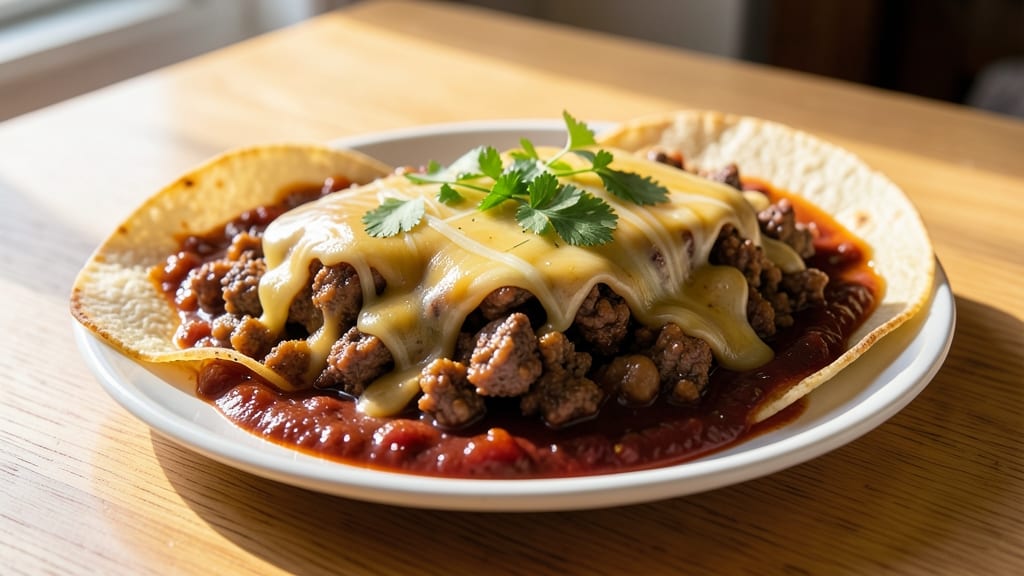 Beef and Refried Bean Enchiladas Recipe: Crispy Tortilla Shells With Melted Cheese Rivers