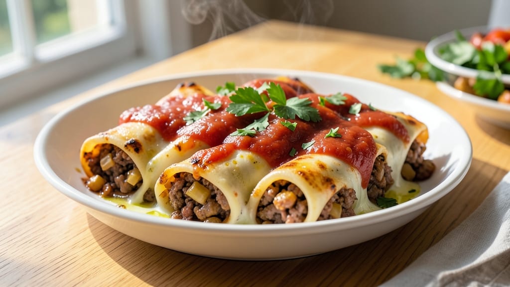 Beef and Cheese Cannelloni Recipe: Baked Pasta Tubes With Melty Cheese Rivers