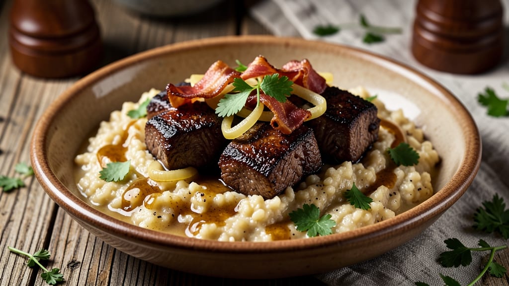 Beef and Grits Recipe: Smoky Bacon Crunch on Creamy Stone Ground Porridge