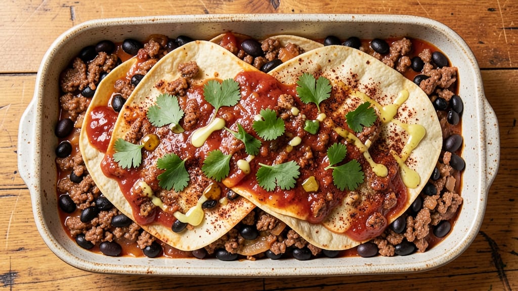 Beef and Black Bean Enchilada Casserole Recipe: Crispy Tortilla Top With Cheesy Spiced Layers