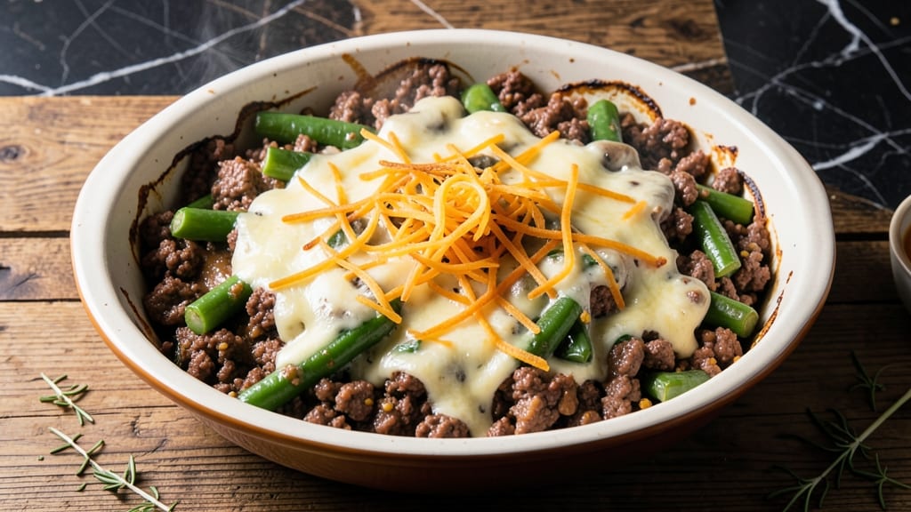 Beef and Green Bean Casserole Recipe: Crispy Top, Creamy Cheese Rivers