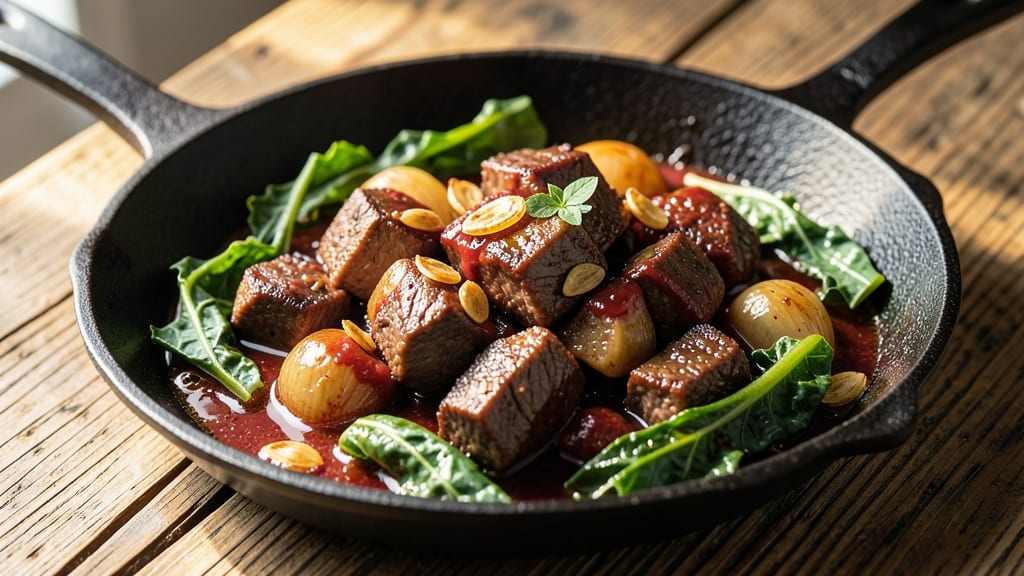 Beef and Greens Recipe: Smoky Charred Beef with Wilted Greens in One Pot