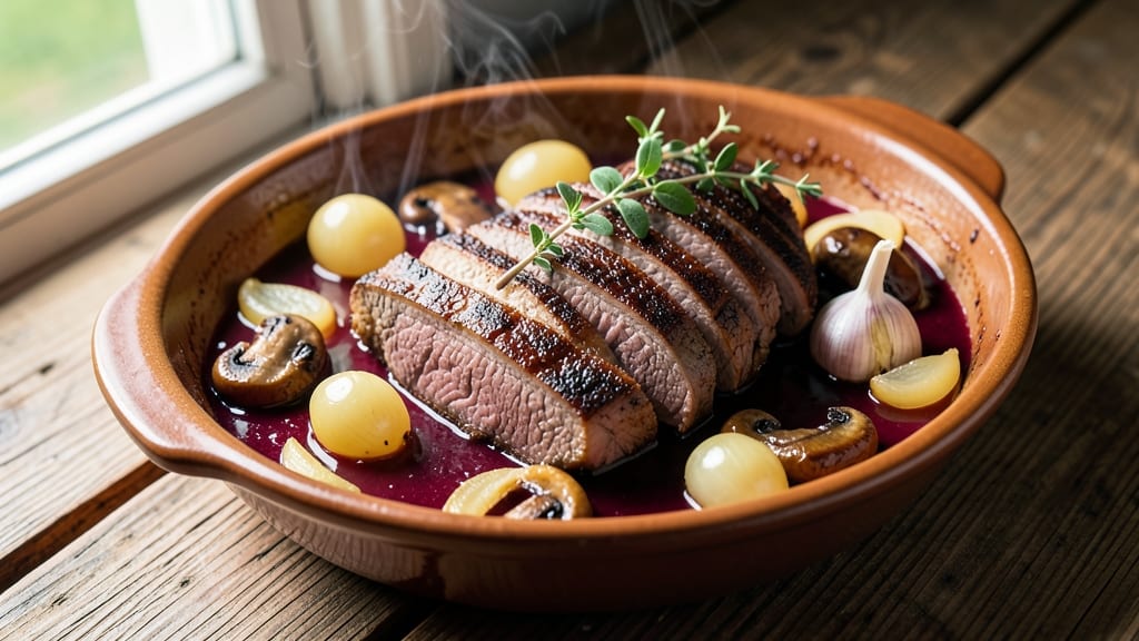 Beef Beaujolais Recipe: Wine-Braised Beef with Earthy Mushrooms and Pearl Onions