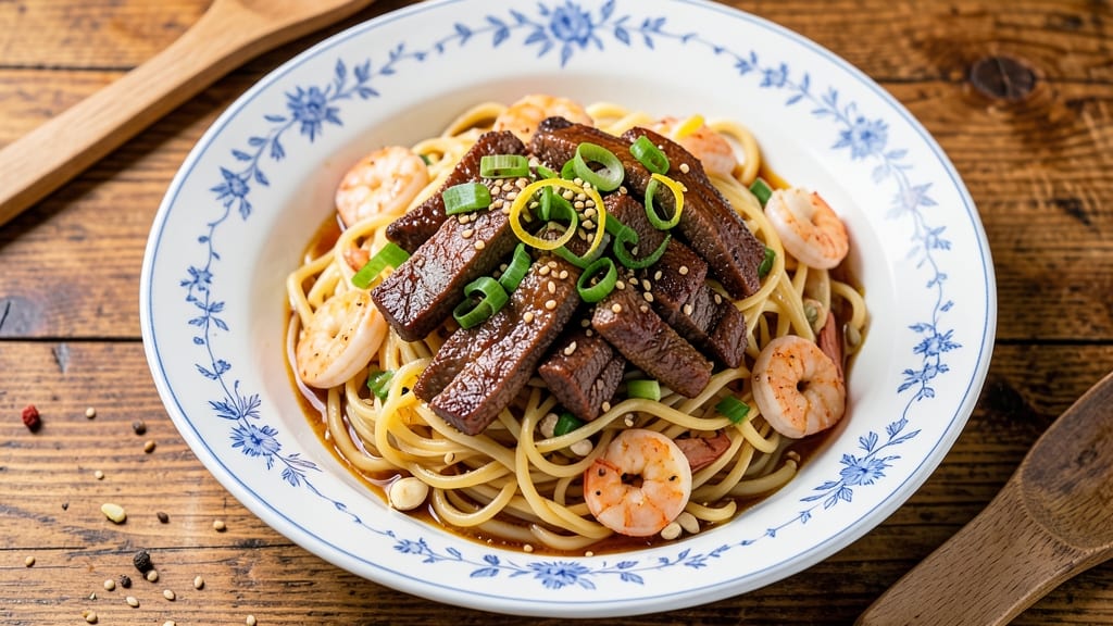 Beef and Shrimp Lo Mein Recipe: Sizzling Wok Heat With Chewy Noodles and Sweet-Chili Crunch